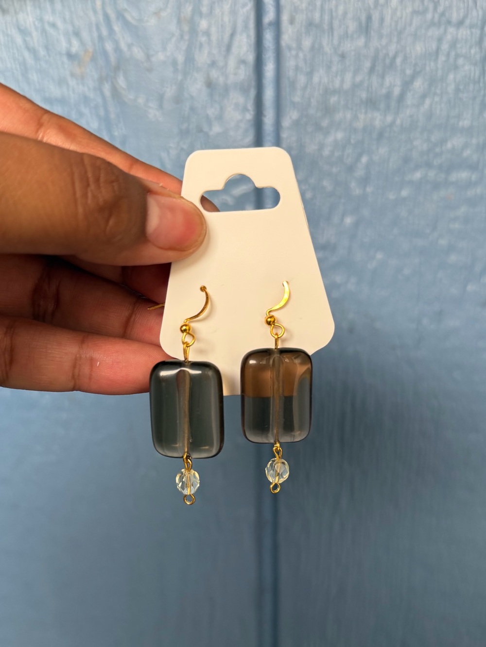 Smokey Brown Glass Drop Earrings on Gold Tones Hooks with Cream Crystal Accent